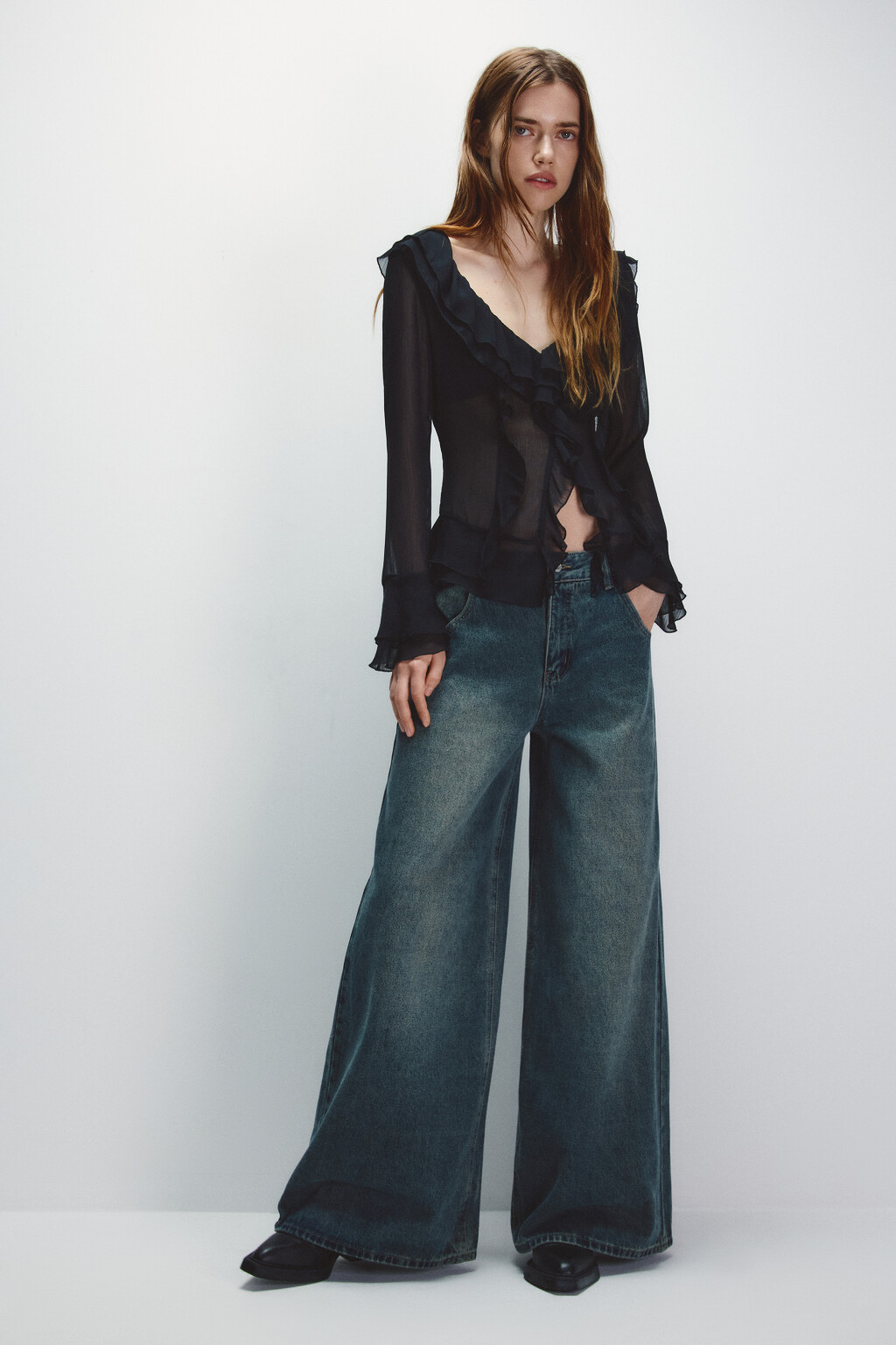 Джинсы широкие со средней посадкой - цвет темный тинт - 4