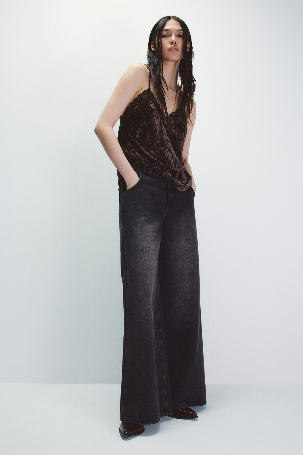 Джинсы широкие со средней посадкой - цвет коричневый - 1