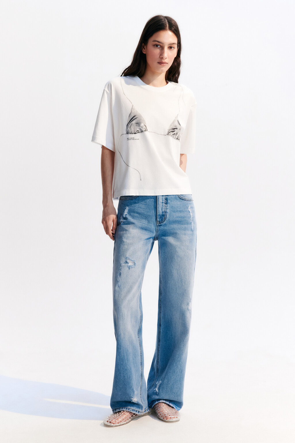 Джинсы прямые рваные с высокой посадкой - цвет голубой - 4