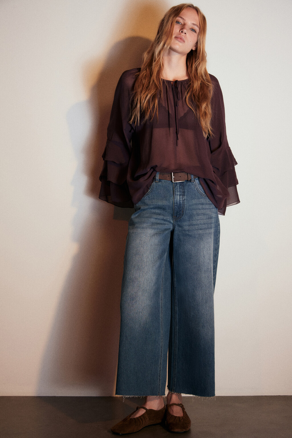 Джинсы кроп широкие с ремнем - цвет голубой - 1