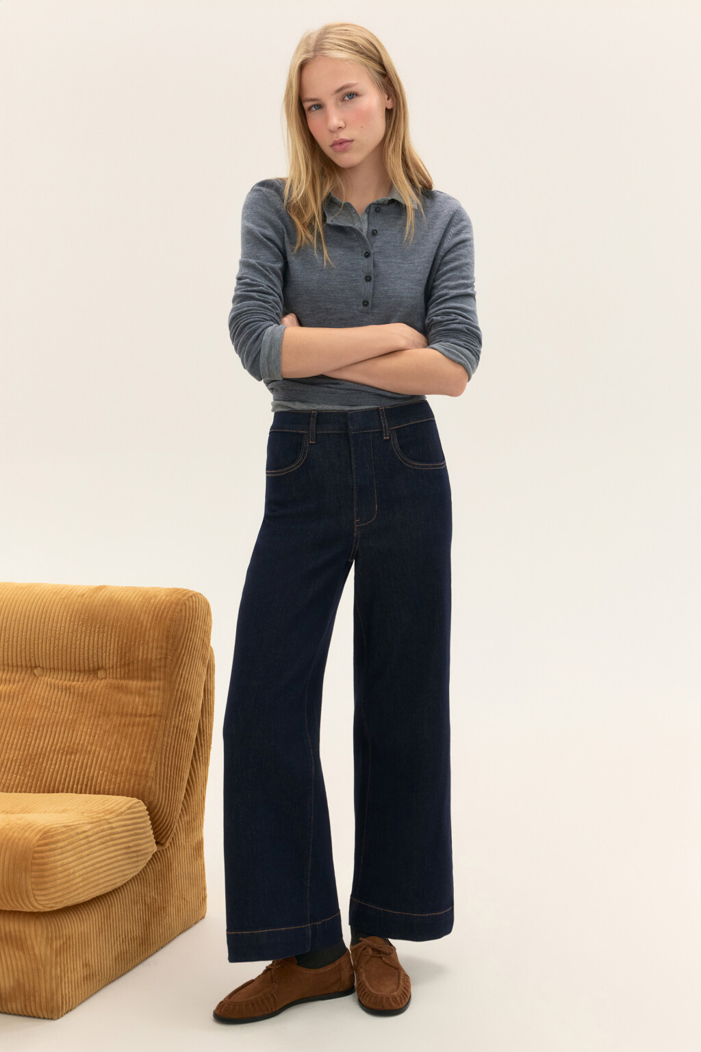 Джинсы широкие укороченные - цвет синий - 1