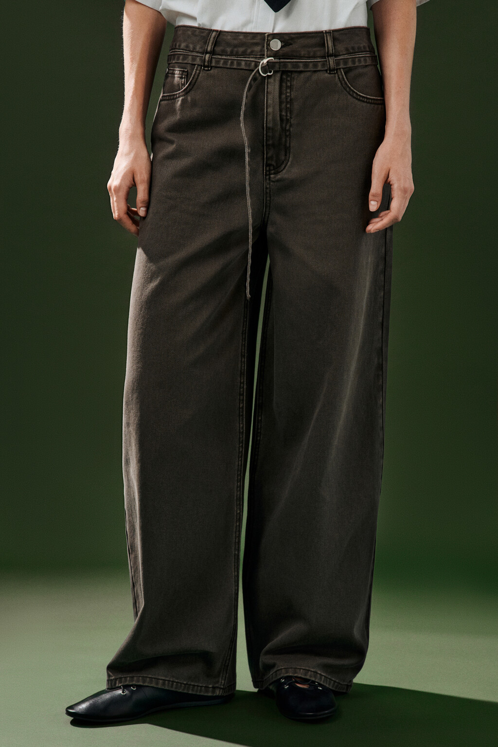 Джинсы baggy с поясом-шнурком - цвет зеленый - 3