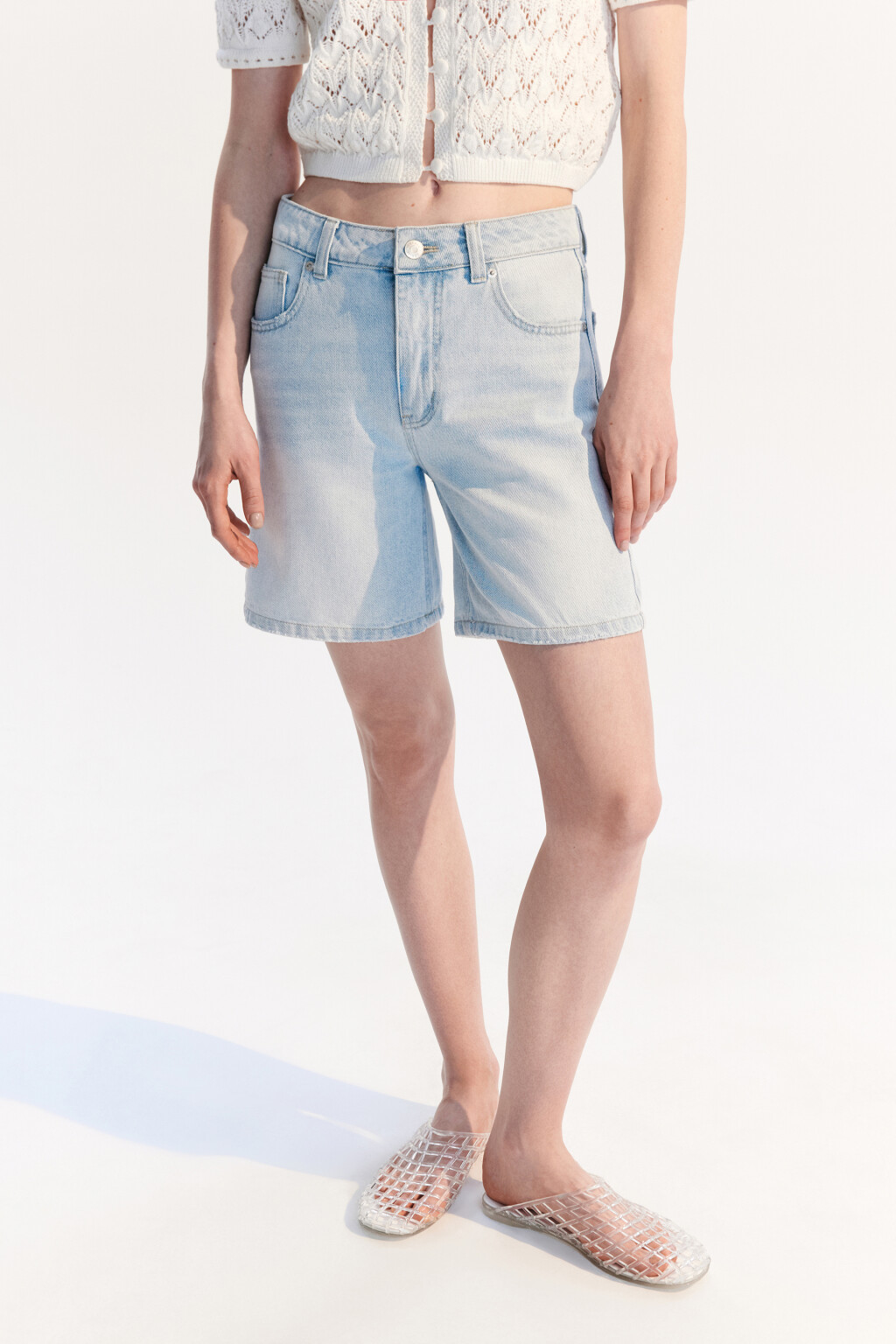 Шорты джинсовые с высокой посадкой - цвет голубой - 1