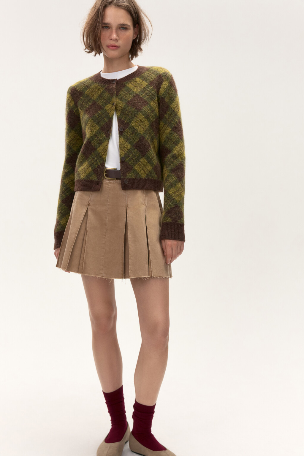 Юбка джинсовая в складку с ремнем - цвет бежевый - 1