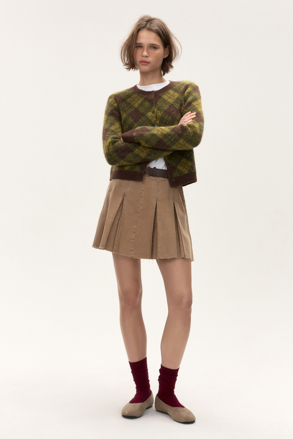 Юбка джинсовая в складку с ремнем - цвет бежевый - 5