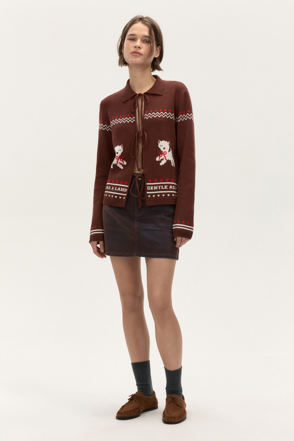 Юбка мини джинсовая с флоком - цвет коричневый - 4