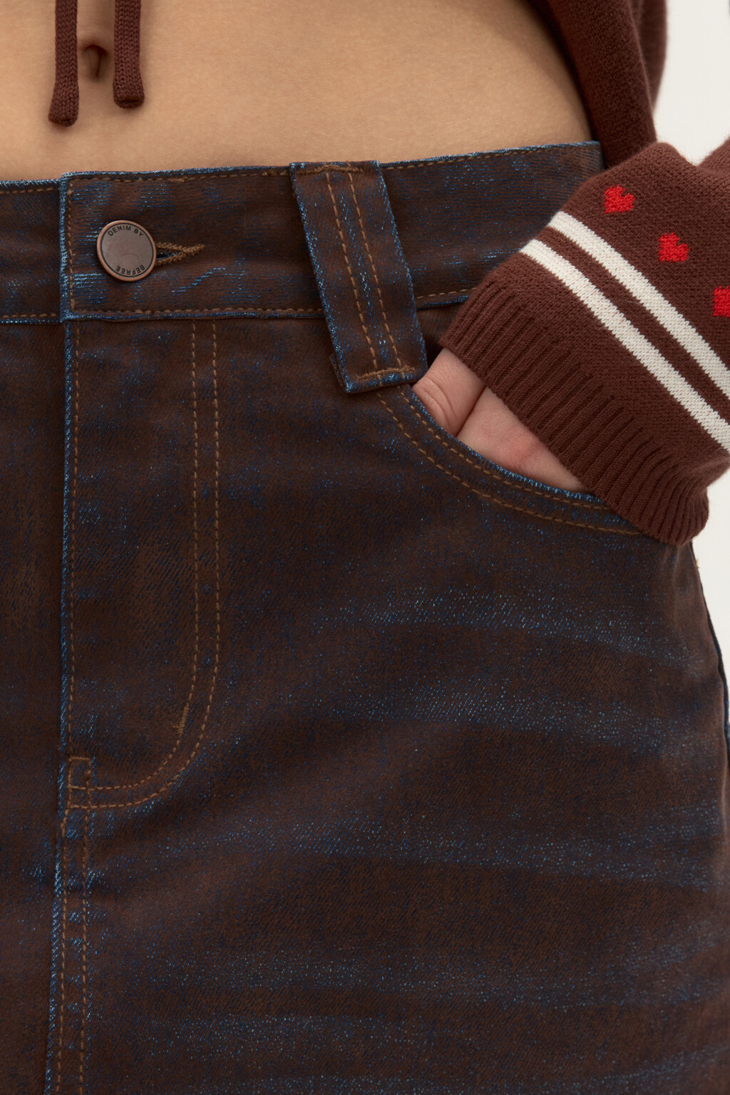 Юбка мини джинсовая с флоком - цвет коричневый - 5