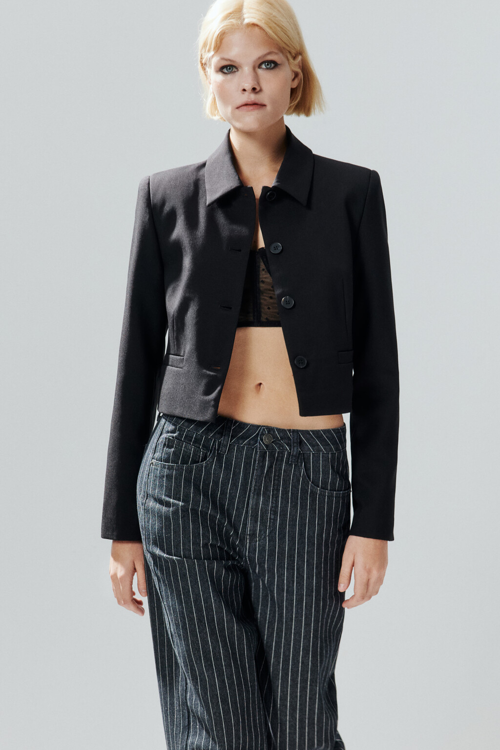 Жакет укороченный с отложным воротником - цвет черный - 2