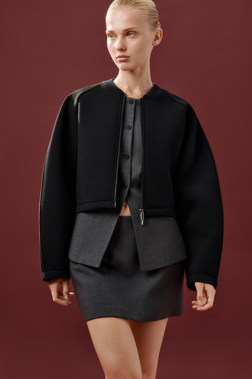 Жакет-бомбер укороченный на молнии - цвет черный - 1