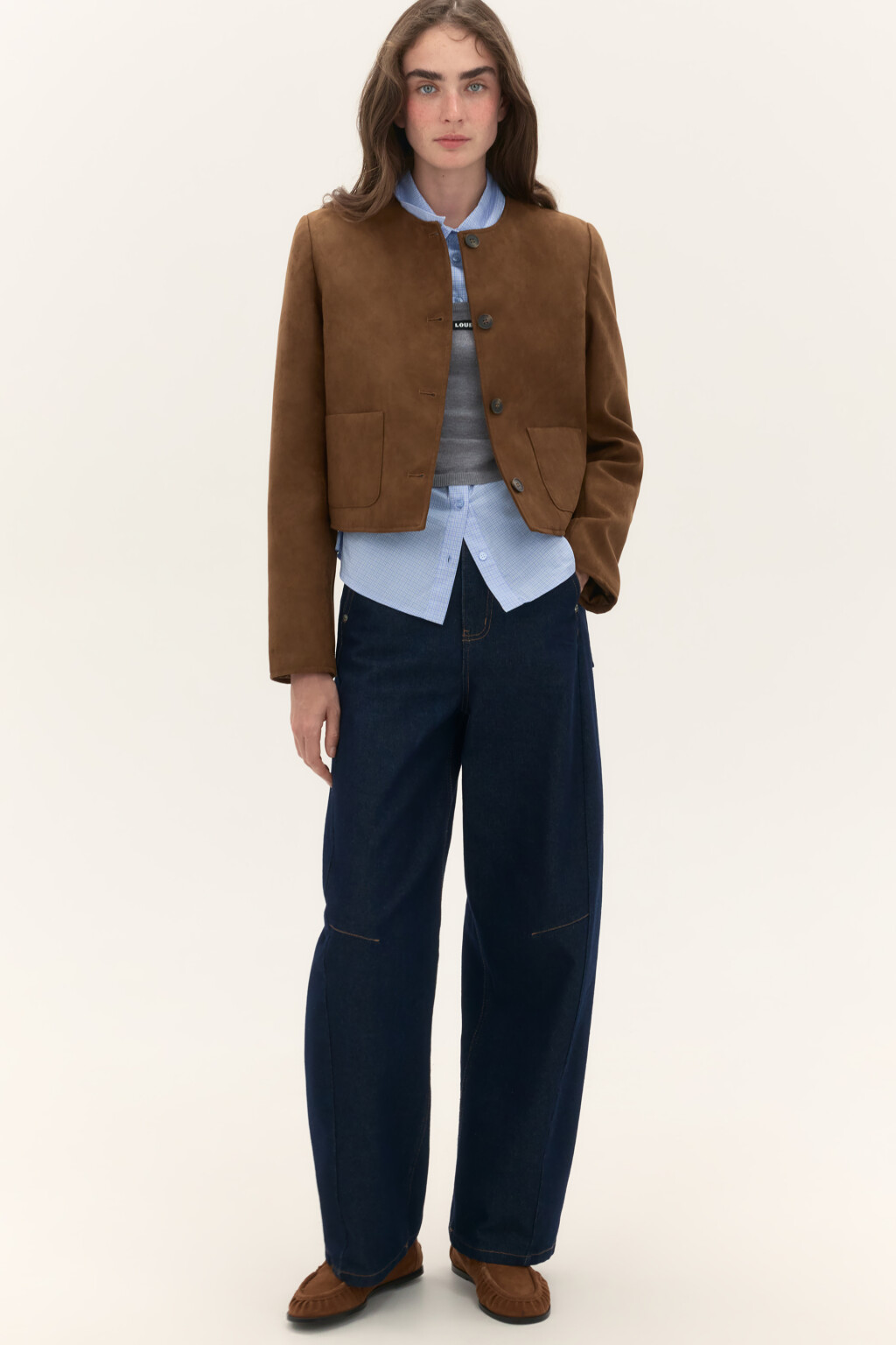 Жакет укороченный с замшевой фактурой - цвет коричневый - 9