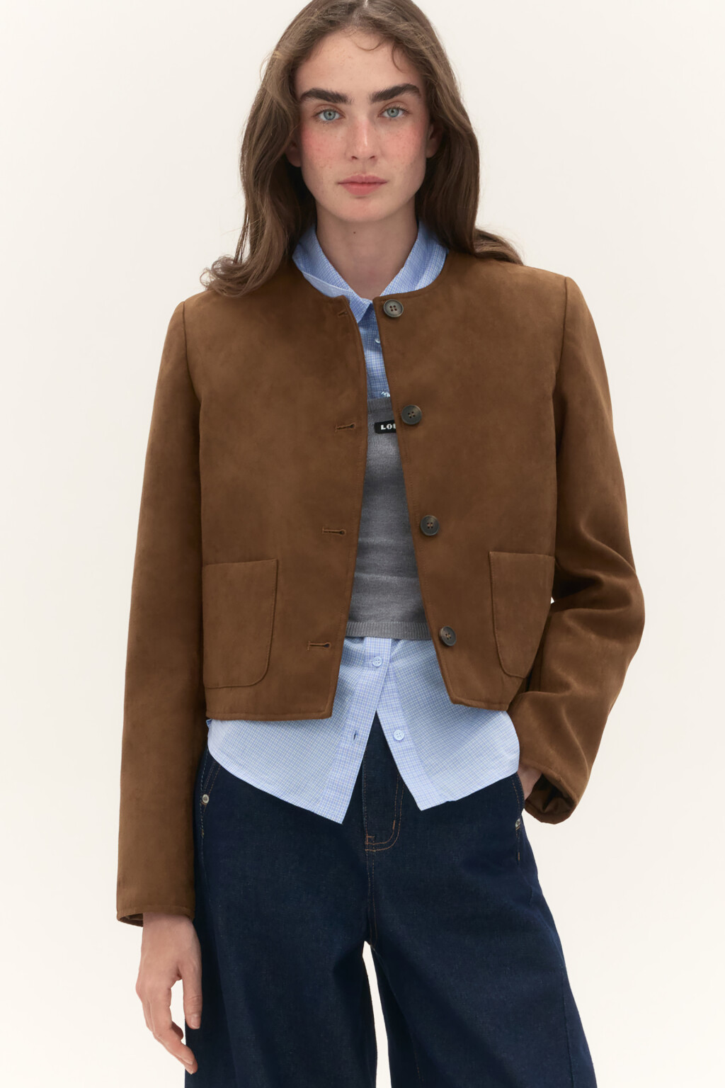 Жакет укороченный с замшевой фактурой - цвет коричневый - 10