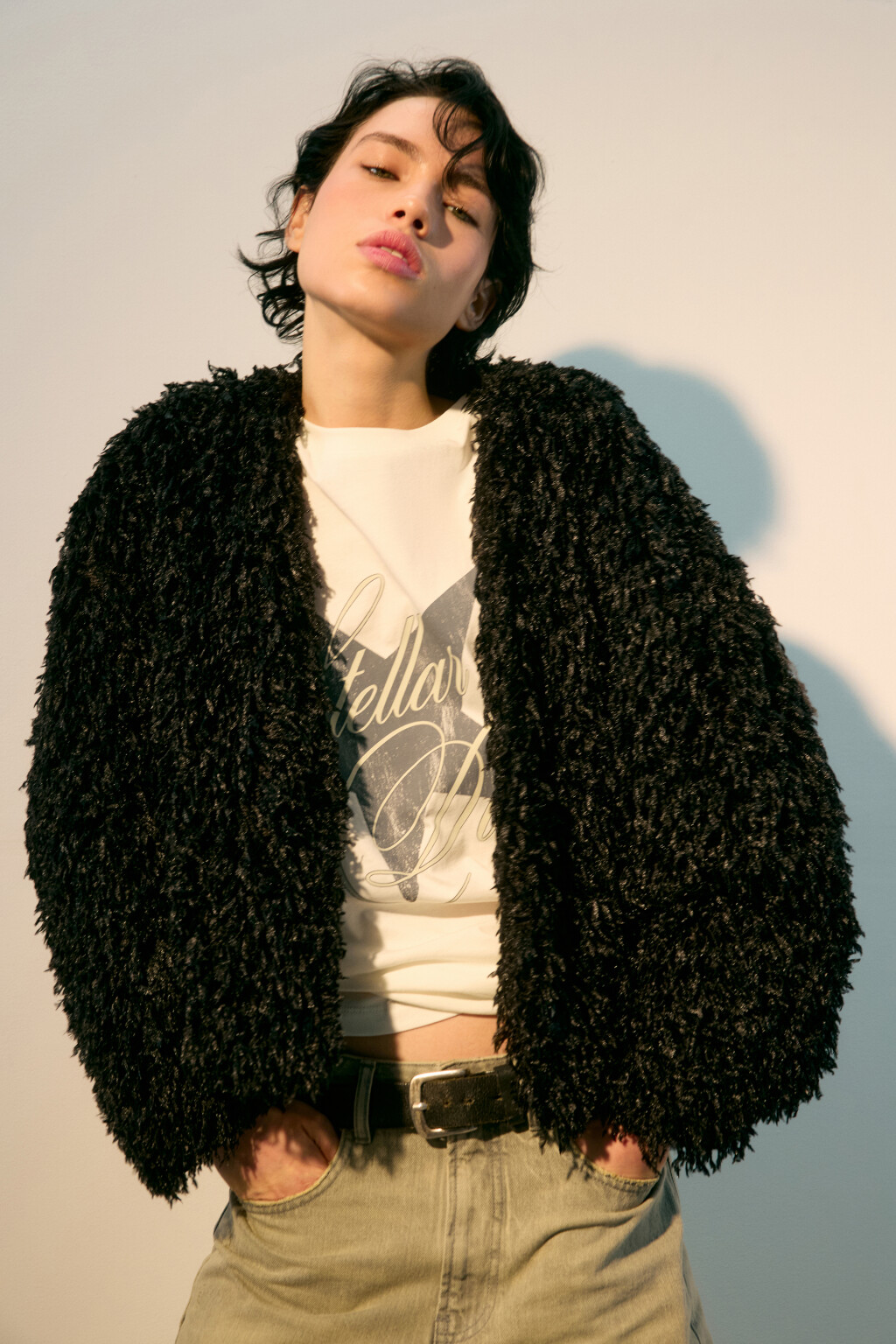 Жакет oversize пушистый - цвет черный - 1