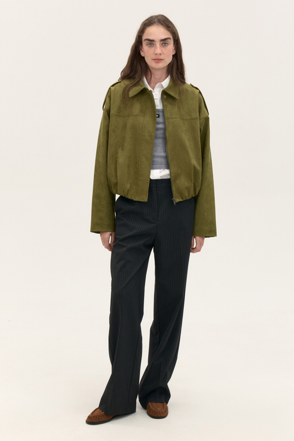 Жакет-бомбер с замшевой фактурой - цвет зеленый - 5