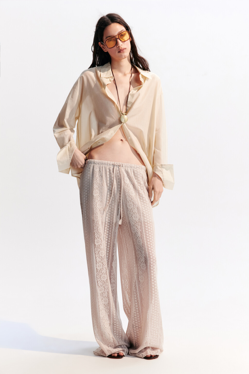 Брюки широкие из кружева - цвет бежевый - 5