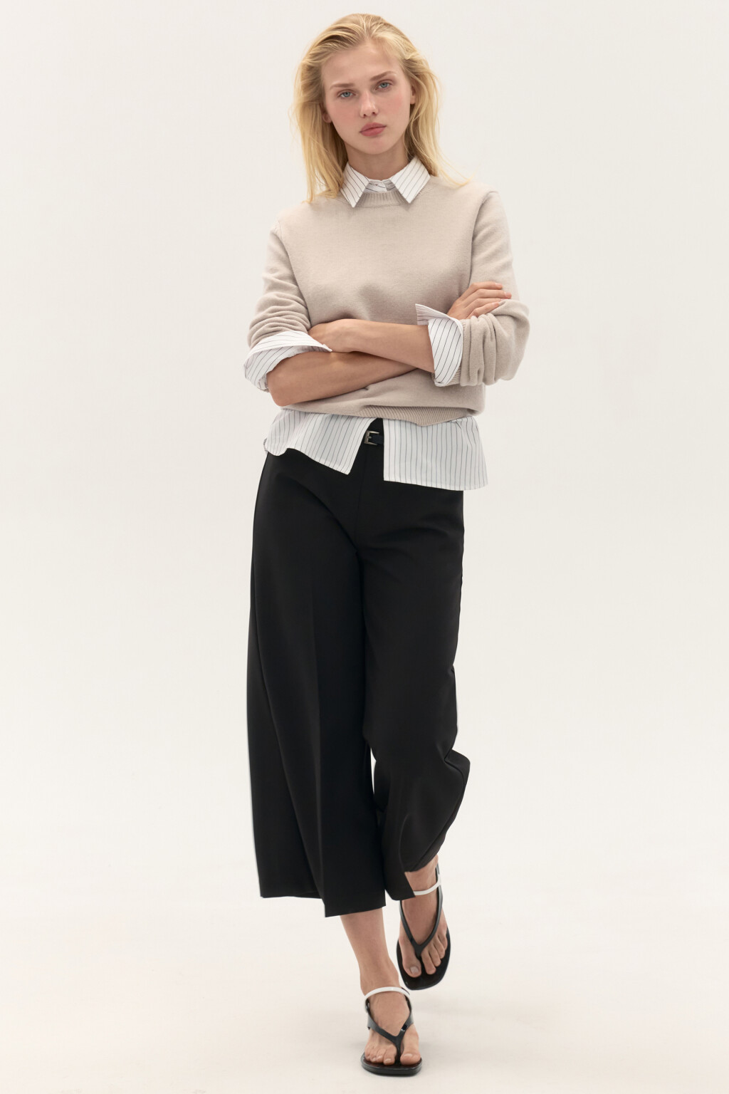 Брюки-кюлоты костюмные с ремнем - цвет черный - 1