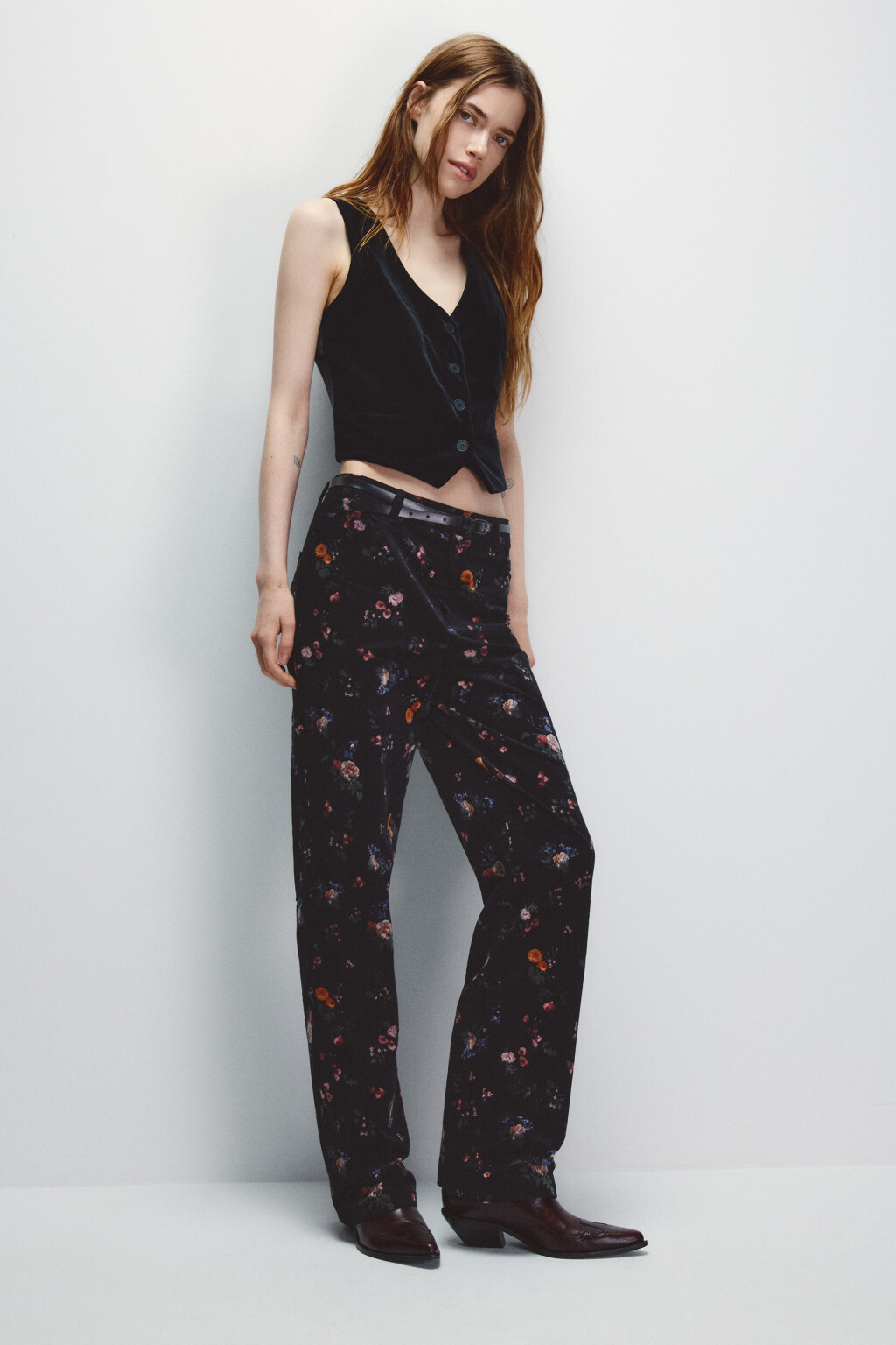 Брюки бархатные с цветочным принтом - цвет мультиколор - 1