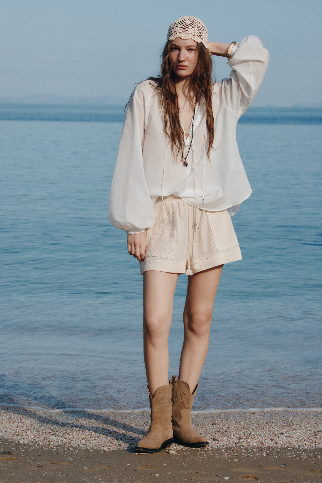 Шорты из муслина с кружевом - цвет бежевый - 7