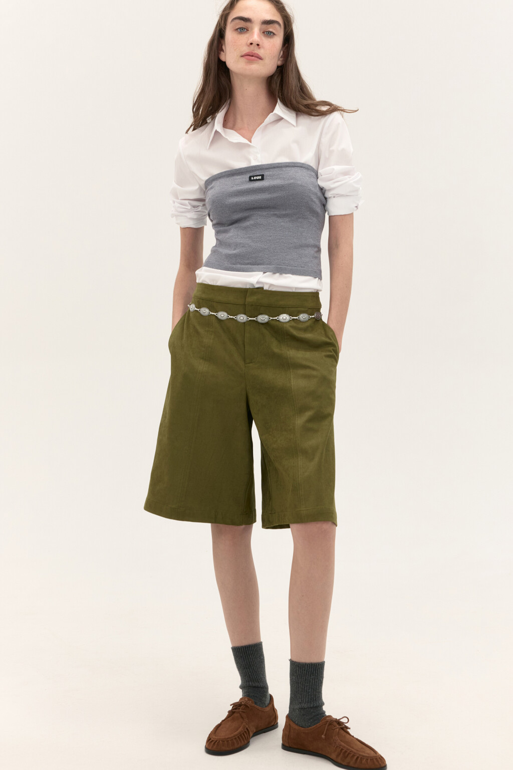 Шорты-бермуды с замшевой фактурой - цвет зеленый - 1