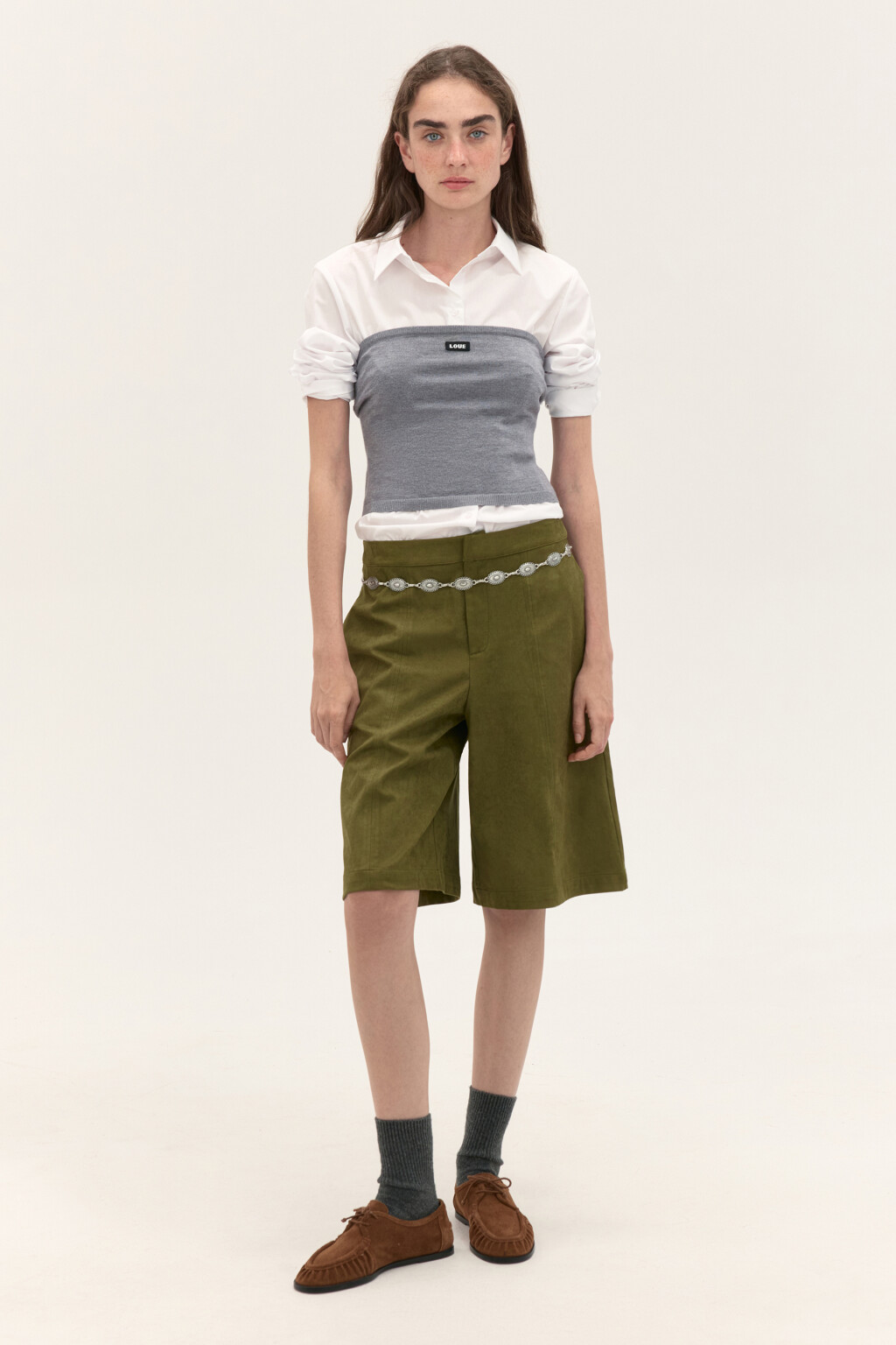 Шорты-бермуды с замшевой фактурой - цвет зеленый - 4