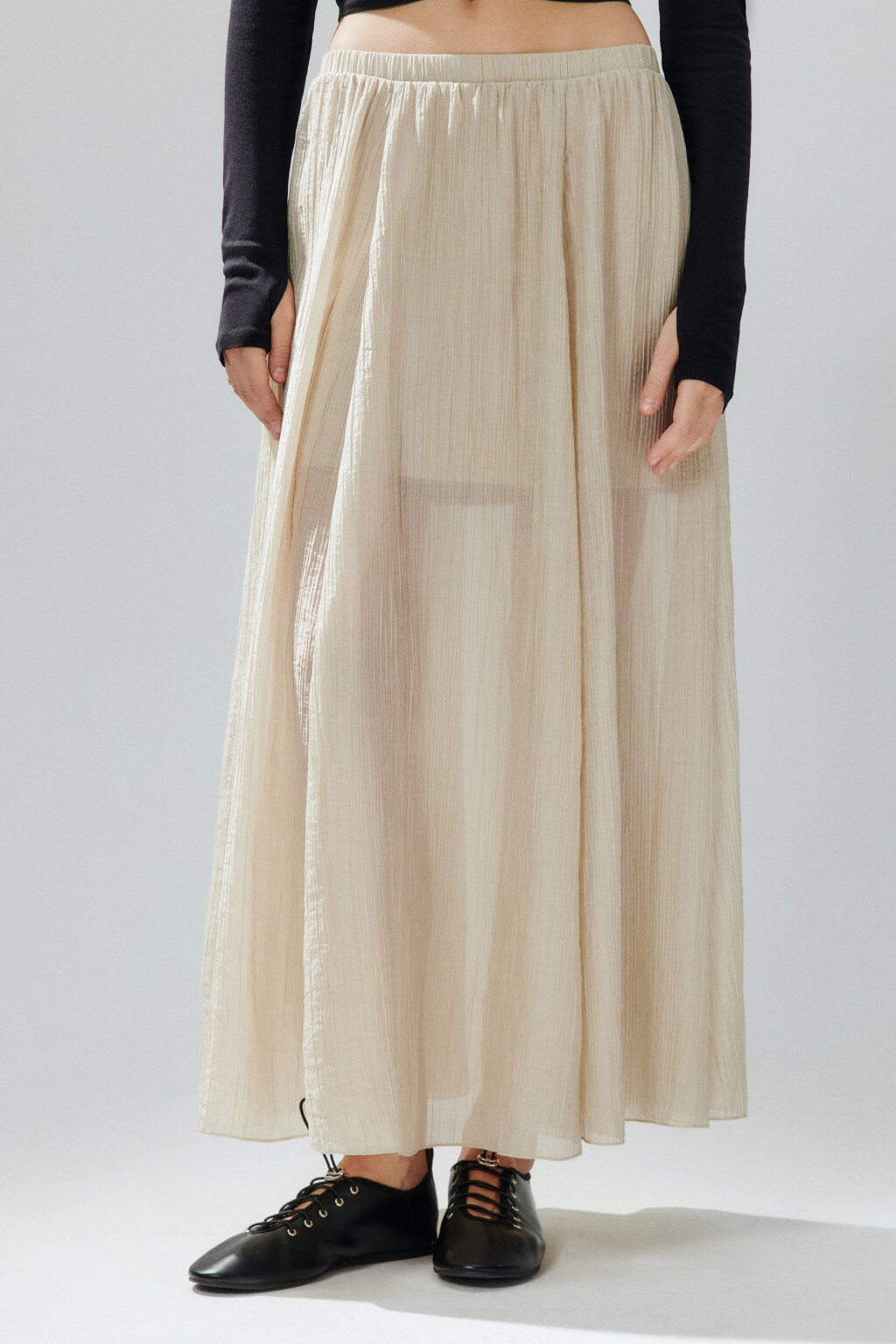 Юбка-трапеция макси из жатой ткани - цвет бежевый - 3