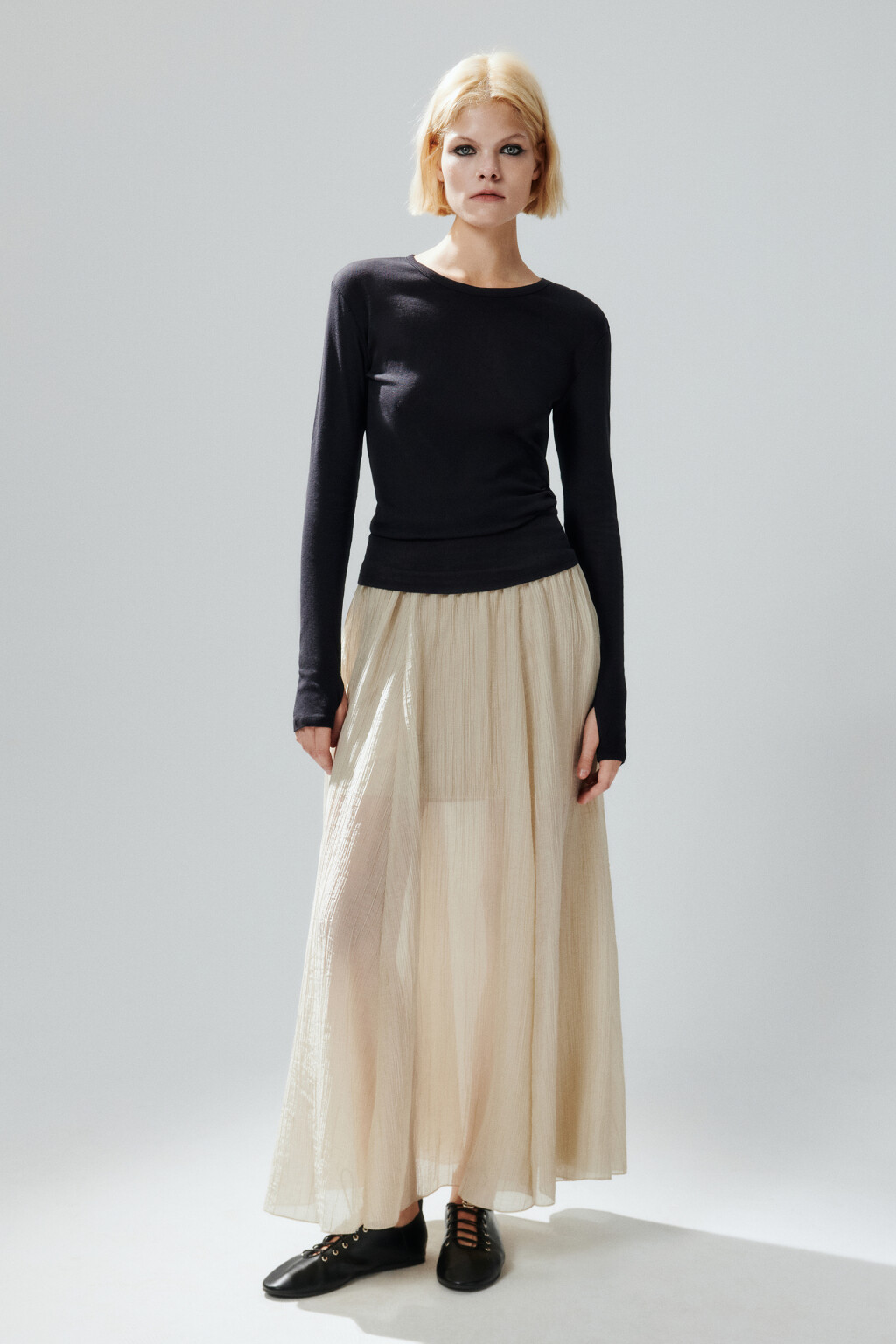 Юбка-трапеция макси из жатой ткани - цвет бежевый - 5