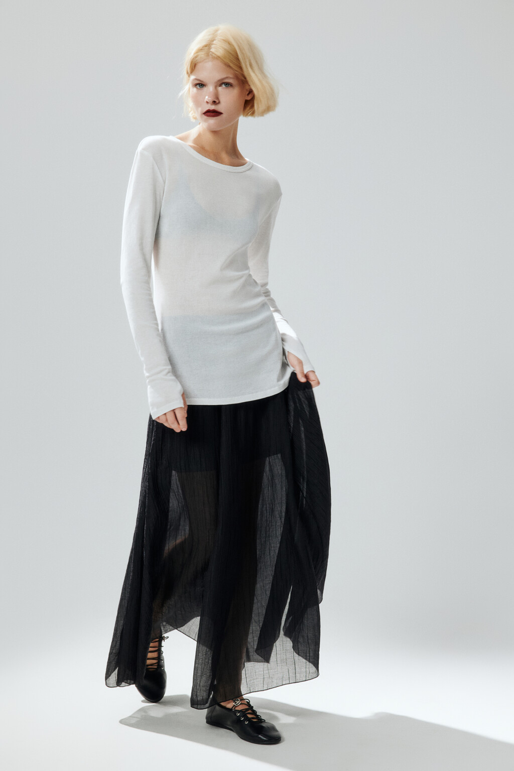 Юбка-трапеция макси из жатой ткани - цвет черный - 1