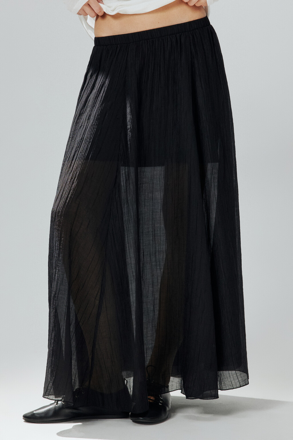 Юбка-трапеция макси из жатой ткани - цвет черный - 2