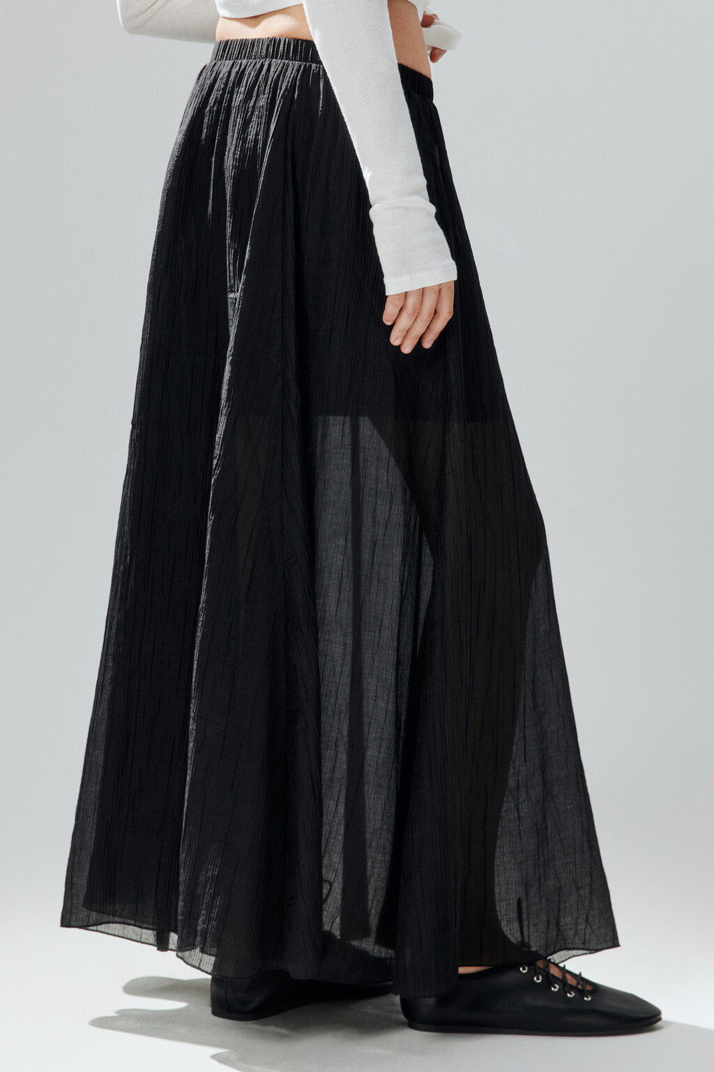 Юбка-трапеция макси из жатой ткани - цвет черный - 3