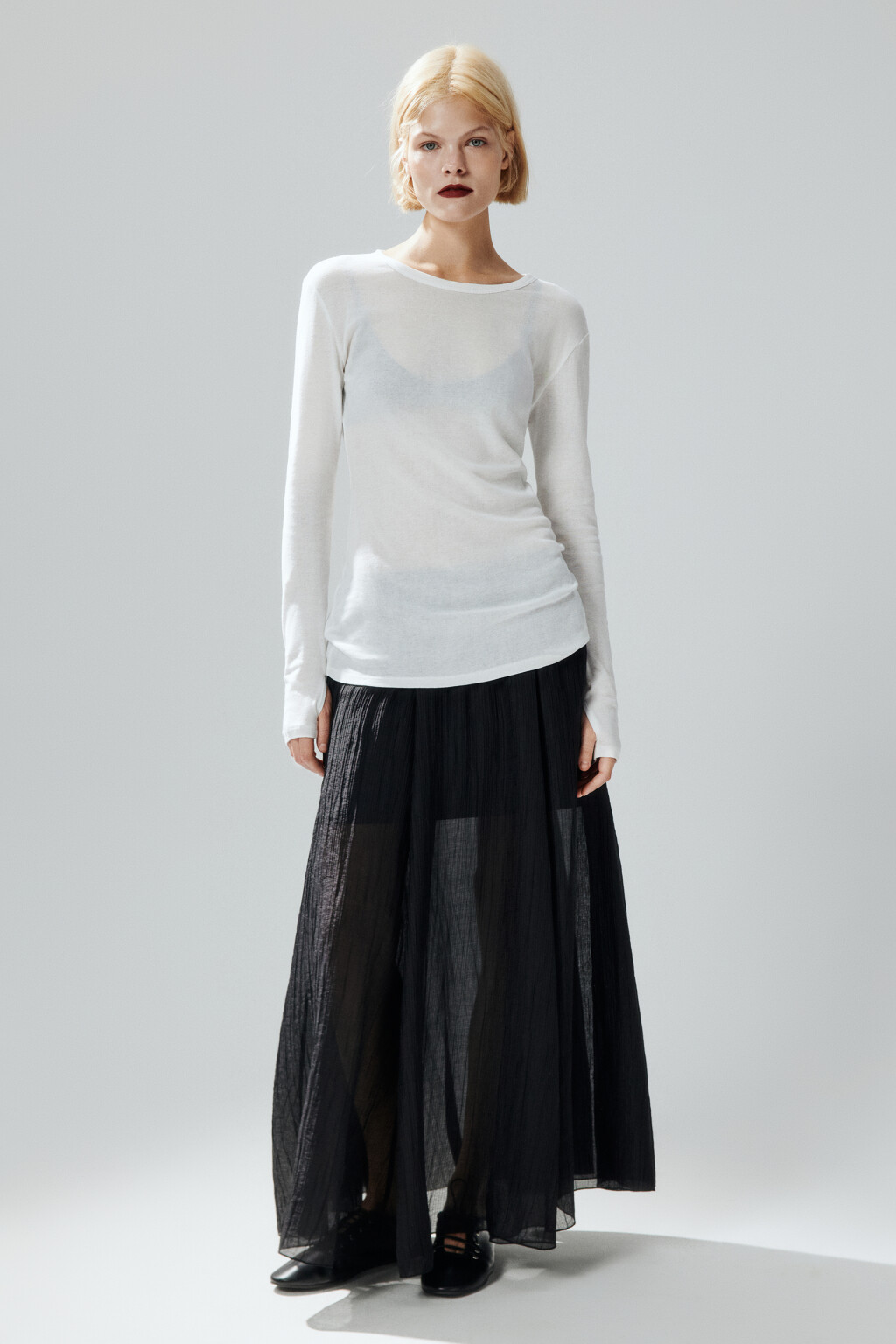 Юбка-трапеция макси из жатой ткани - цвет черный - 4