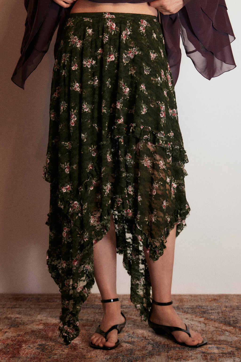 Юбка асимметричная из кружева с принтом - цвет зеленый - 3