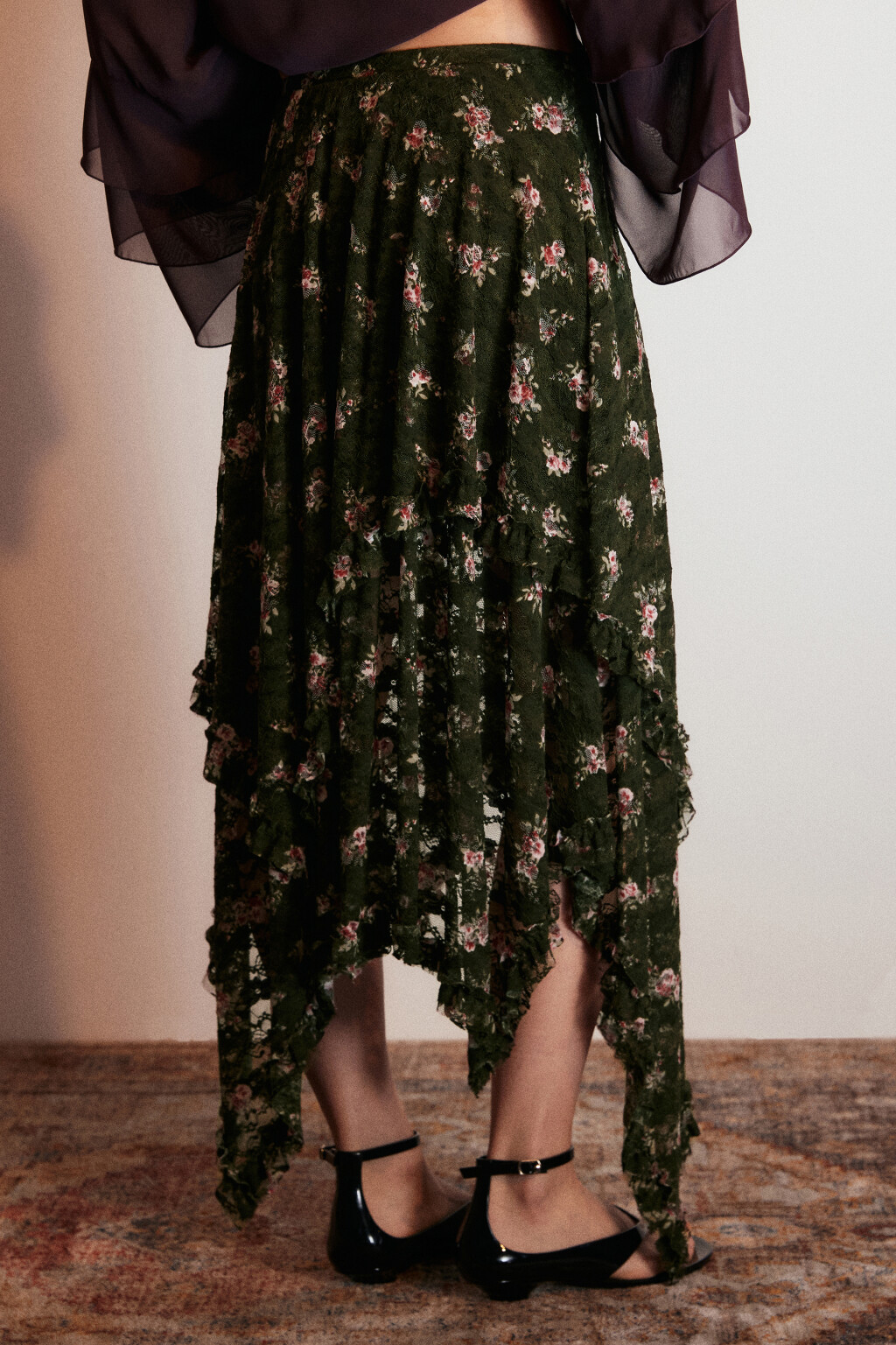 Юбка асимметричная из кружева с принтом - цвет зеленый - 4