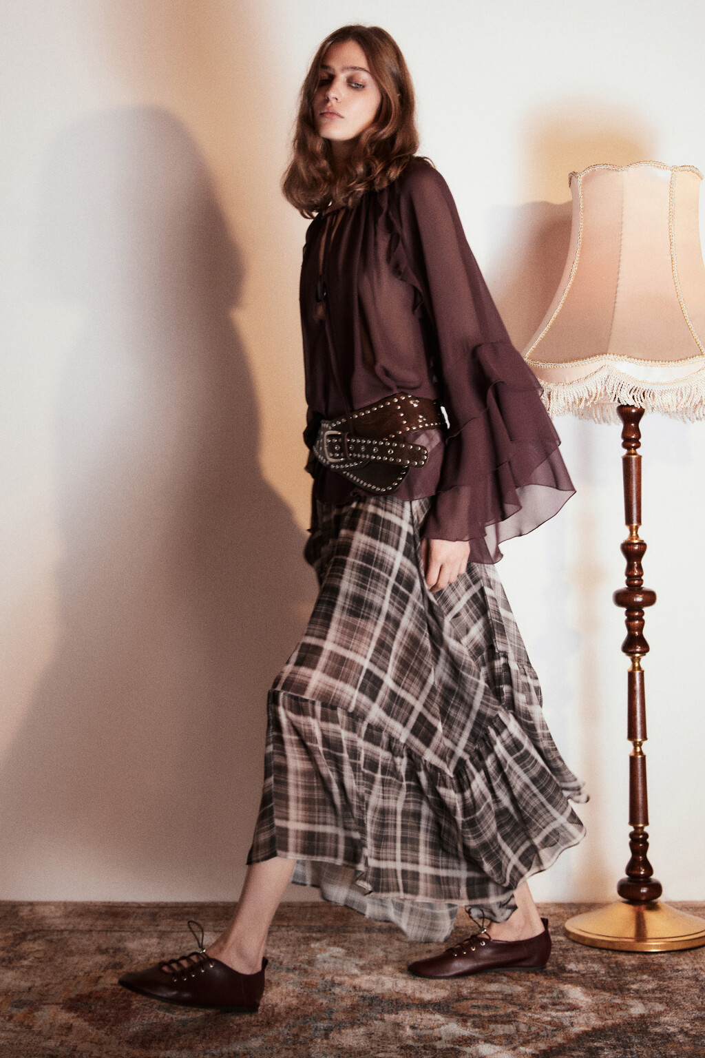 Юбка миди асимметричная в клетку - цвет коричневый - 1