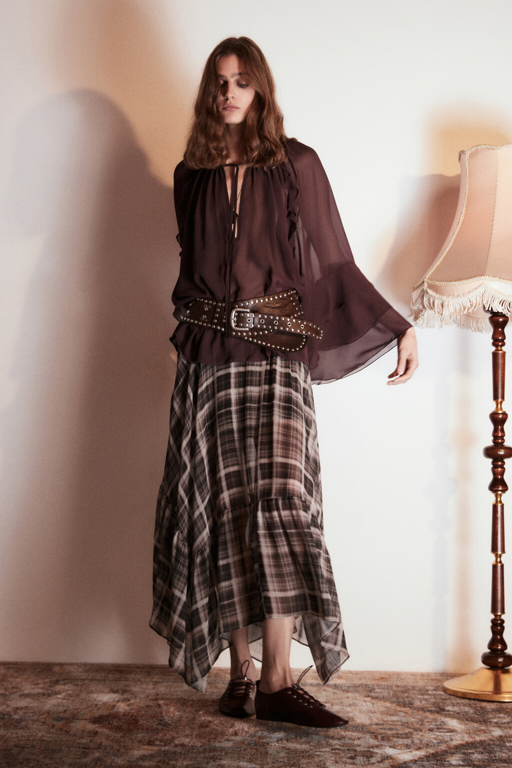 Юбка миди асимметричная в клетку - цвет коричневый - 2