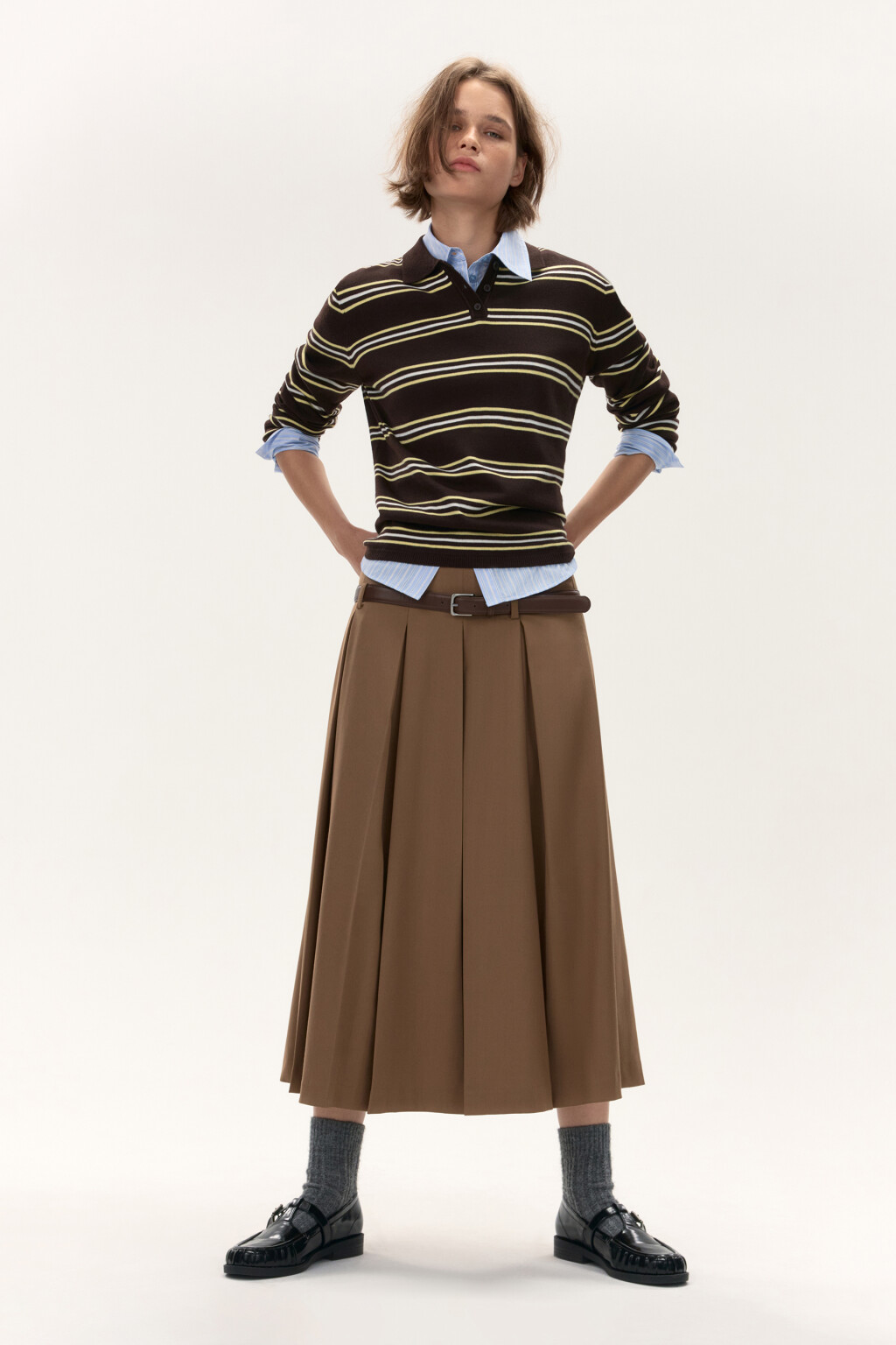 Юбка миди в складку с ремнем - цвет коричневый - 1