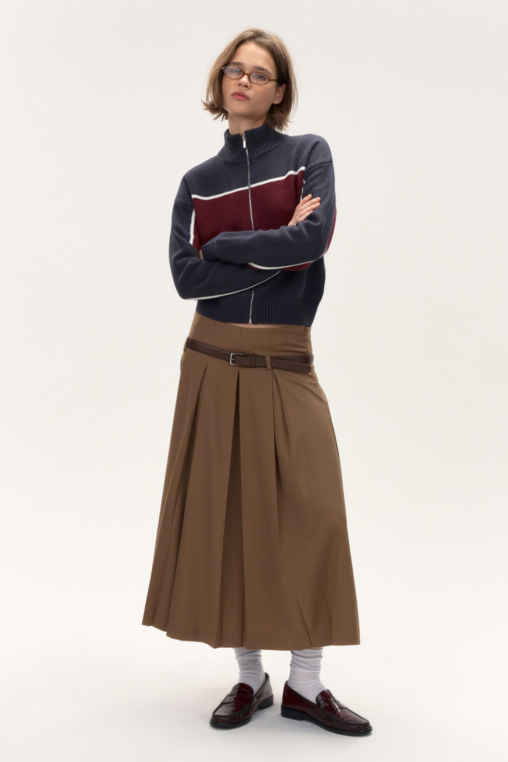 Юбка миди в складку с ремнем - цвет коричневый - 3