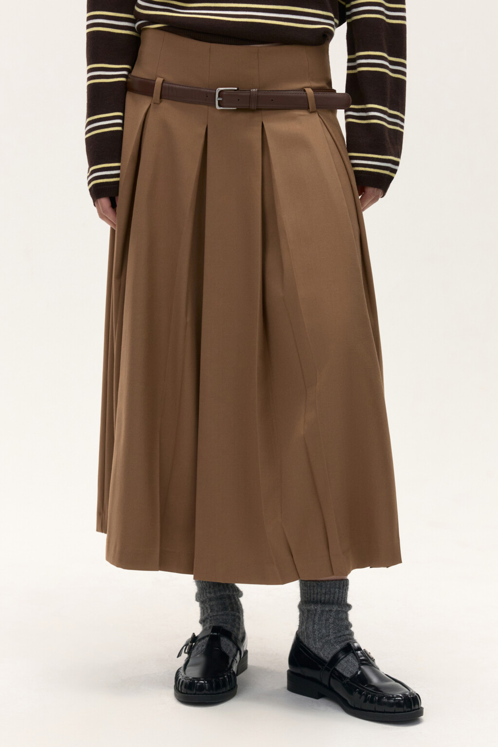 Юбка миди в складку с ремнем - цвет коричневый - 4