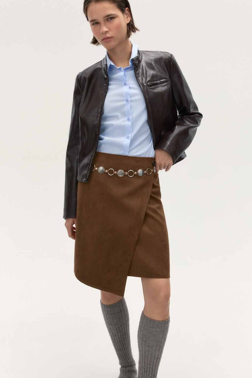 Юбка миди прямая с запахом - цвет коричневый - 1