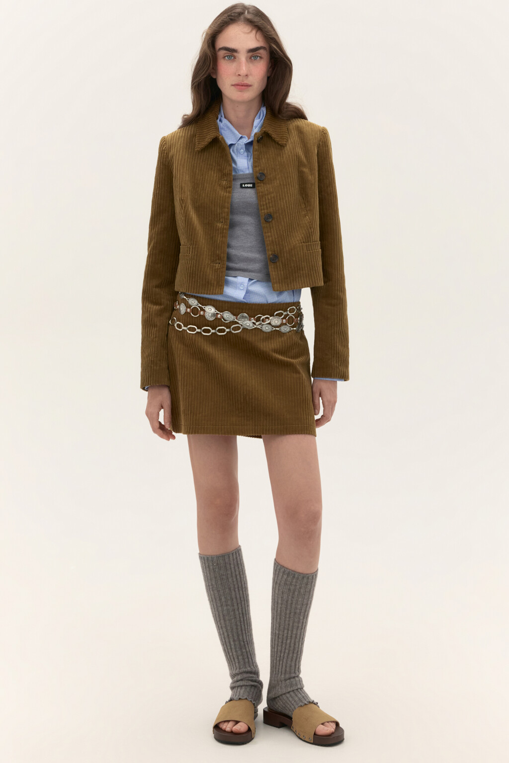 Юбка-трапеция мини вельветовая - цвет зеленый - 1