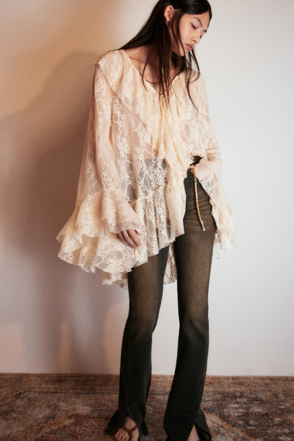 Платье-туника кружевное с воланами - цвет молочный - 1