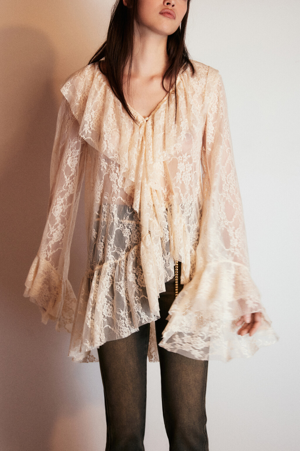 Платье-туника кружевное с воланами - цвет молочный - 2