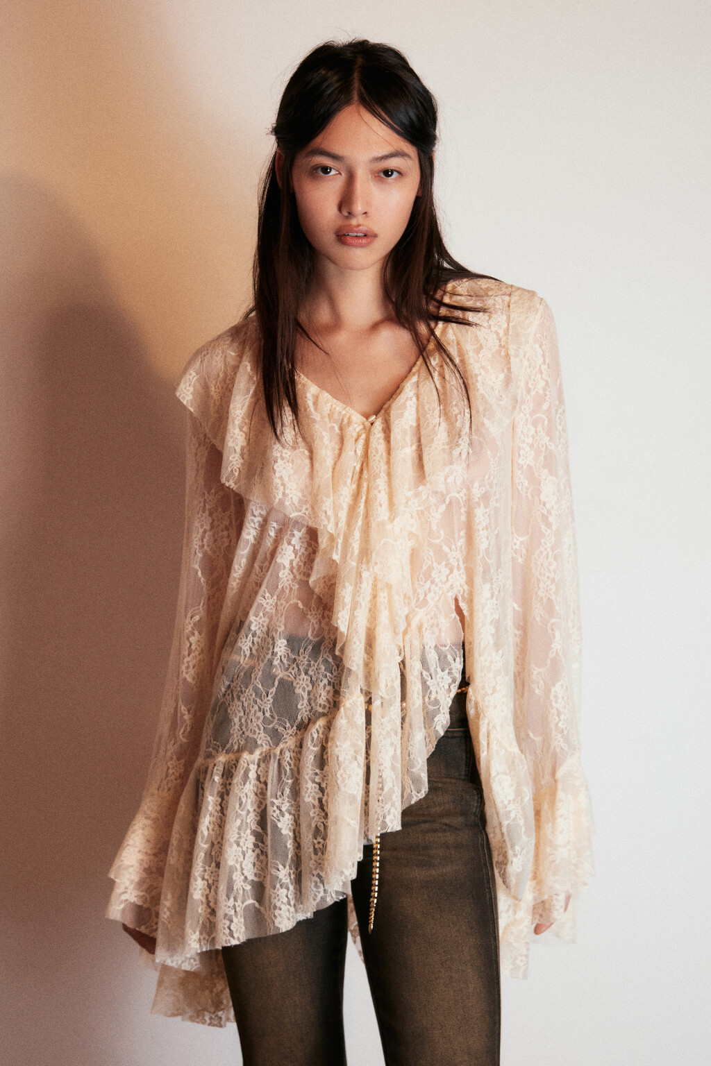 Платье-туника кружевное с воланами - цвет молочный - 3