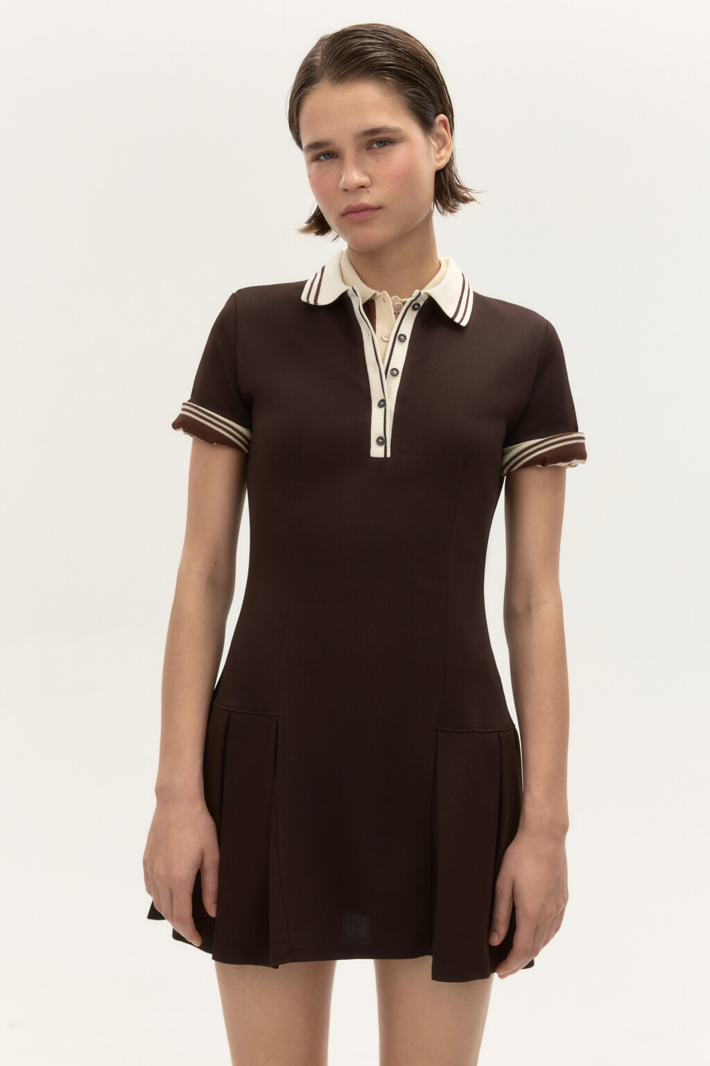 Платье-поло с юбкой в складку - цвет коричневый - 2
