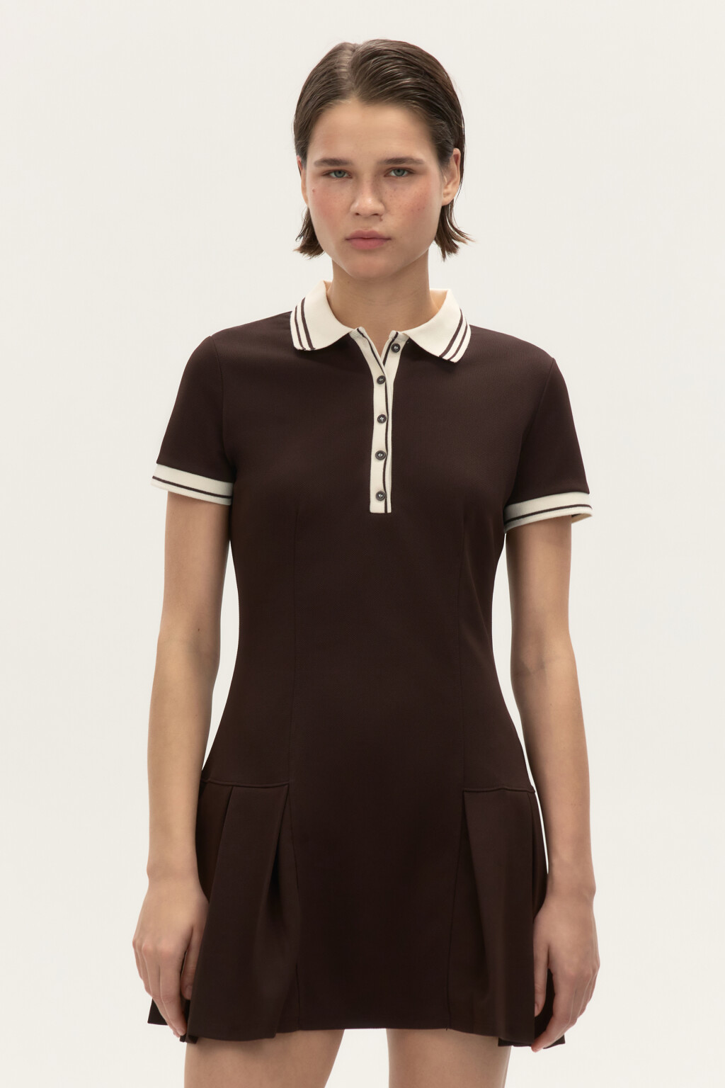 Платье-поло с юбкой в складку - цвет коричневый - 3
