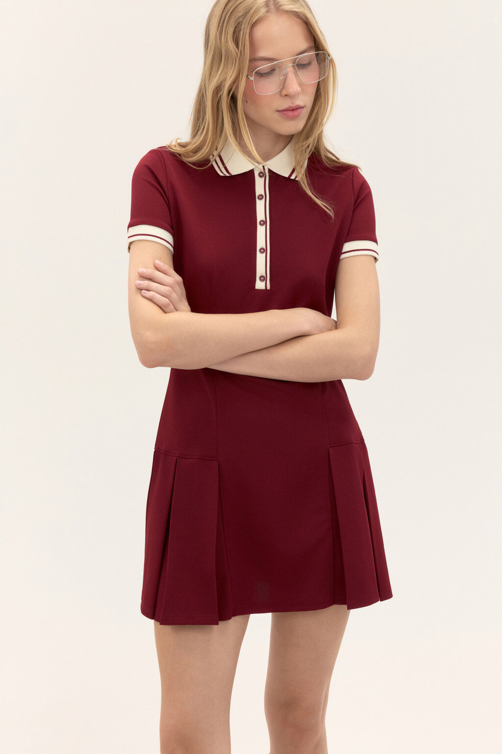 Платье-поло с юбкой в складку - цвет бордовый - 1