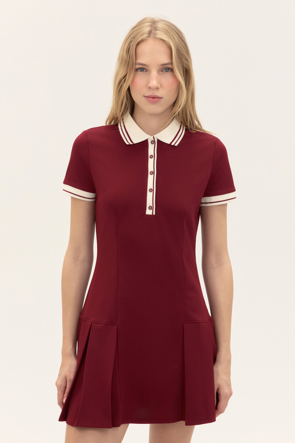 Платье-поло с юбкой в складку - цвет бордовый - 3