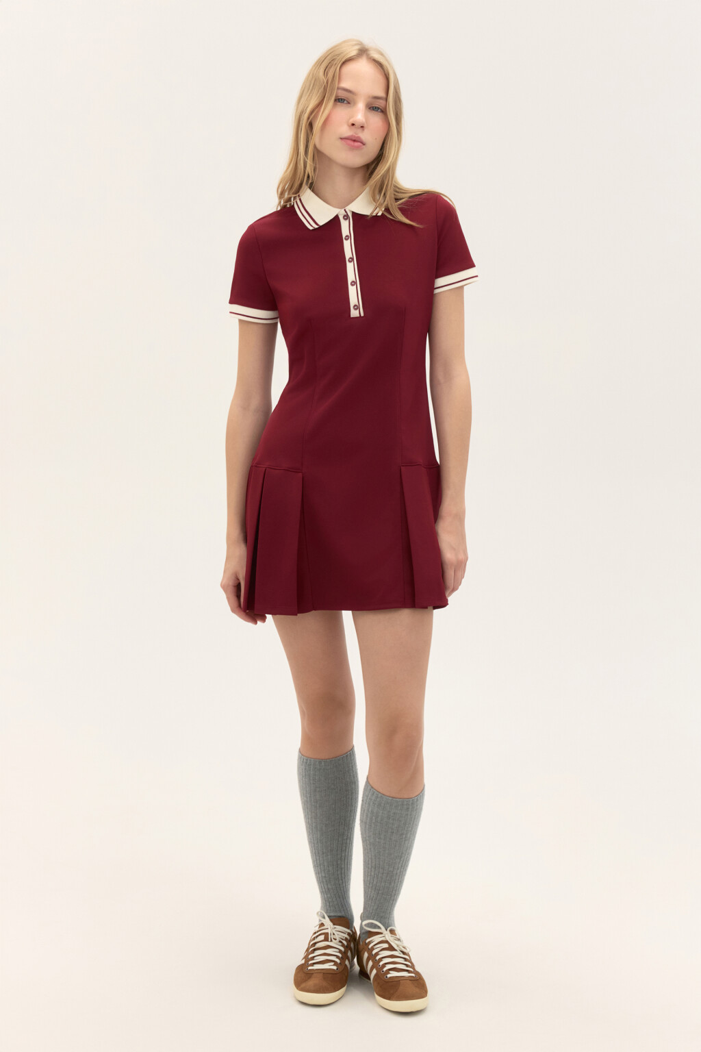 Платье-поло с юбкой в складку - цвет бордовый - 5