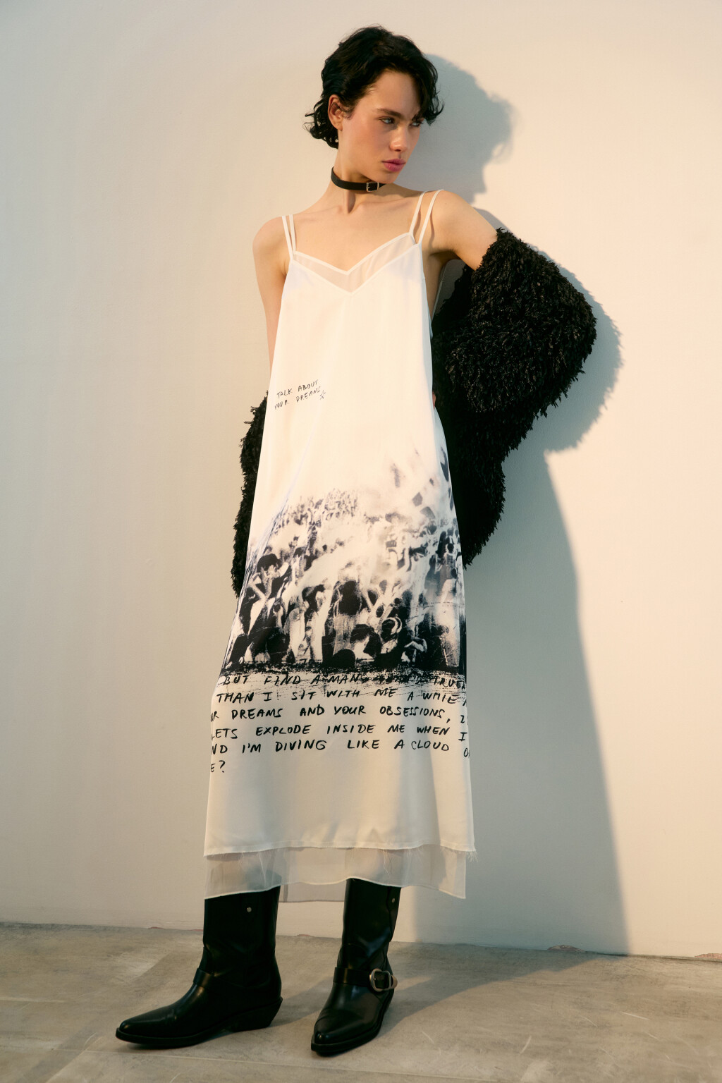 Платье миди двуслойное с принтом - цвет белый - 1