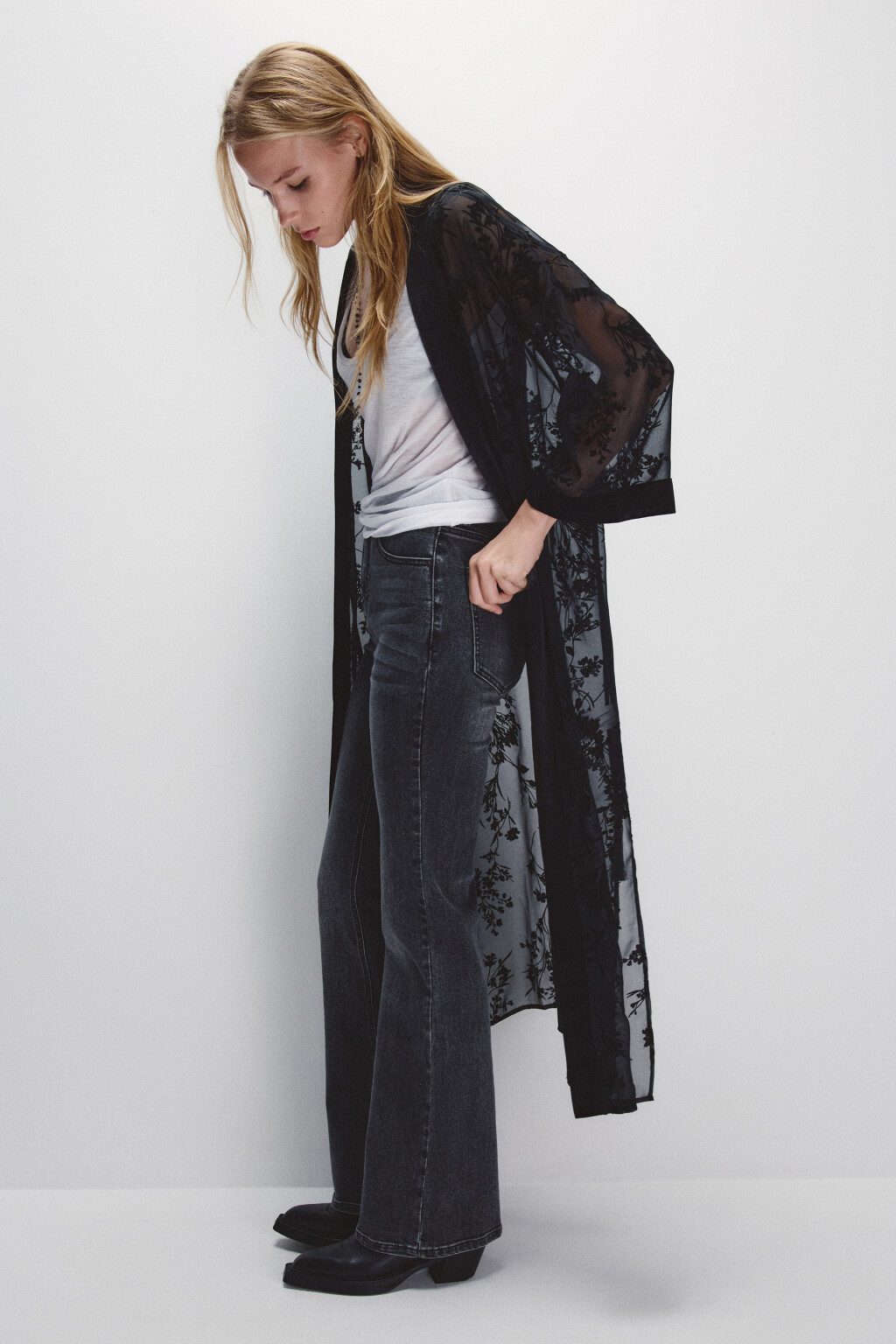 Кардиган-кимоно из сетки с принтом - цвет черный - 1