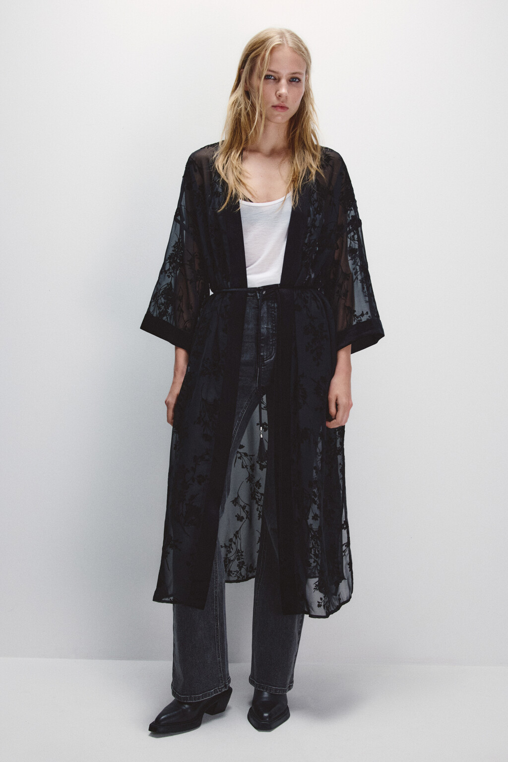 Кардиган-кимоно из сетки с принтом - цвет черный - 3