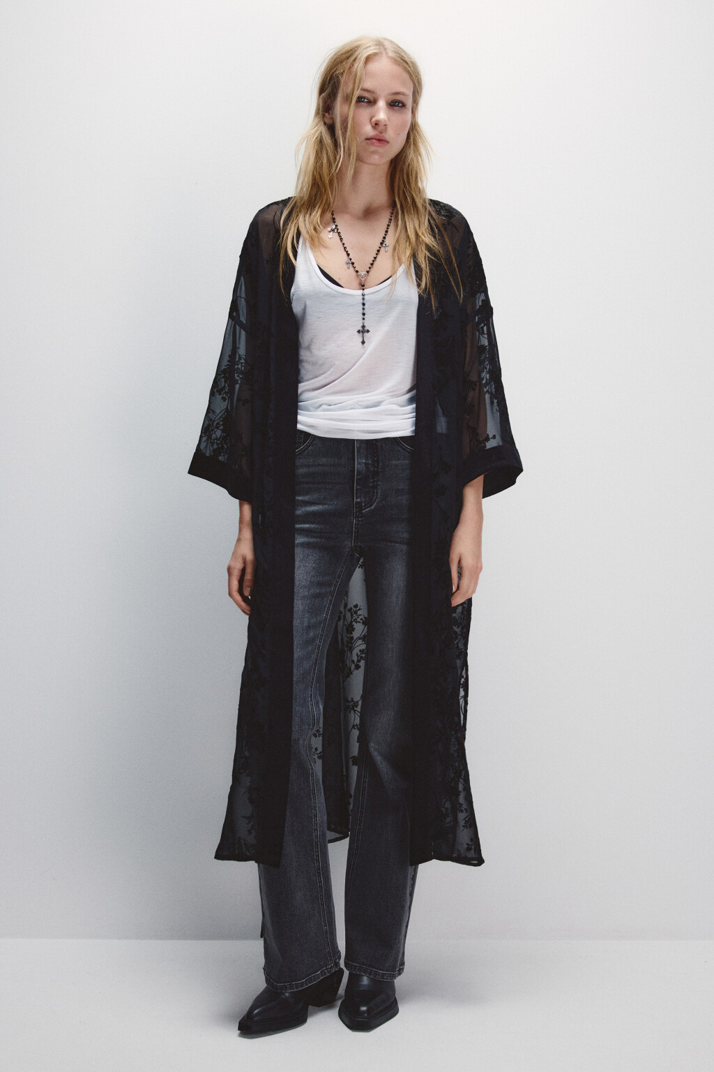 Кардиган-кимоно из сетки с принтом - цвет черный - 5